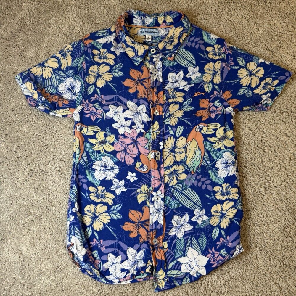 Tommy Bahama Boy's Hawaiian Shirt Size 7, Blue Floral Parrot , Button-Up